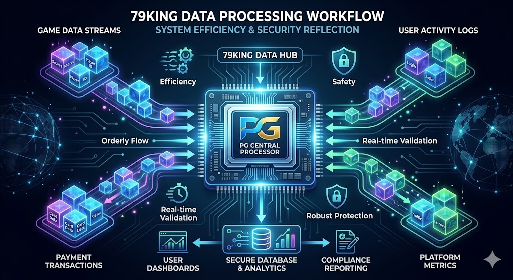 79KING Data Processing Diagram: Glowing cubic data streams flowing smoothly and orderly into a central processor with the PG logo, reflecting system efficiency and safety.