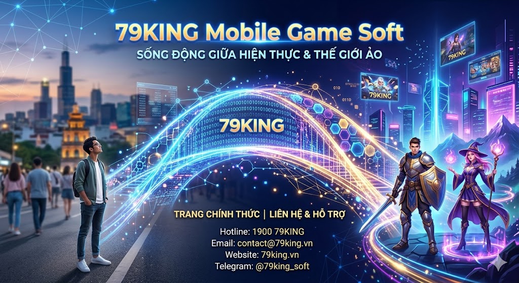 79KING Mobile Game Soft official contact page cover showing a digital bridge connecting reality and the virtual world