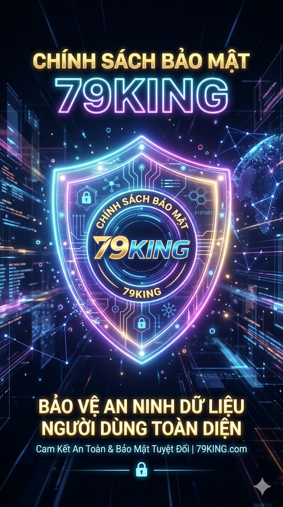 Trang bìa Chính sách Bảo mật của 79KING: Một chiếc khiên kỹ thuật số neon mờ ảo lơ lửng trong không gian ảo, tượng trưng cho sự bảo vệ an ninh dữ liệu người dùng toàn diện.