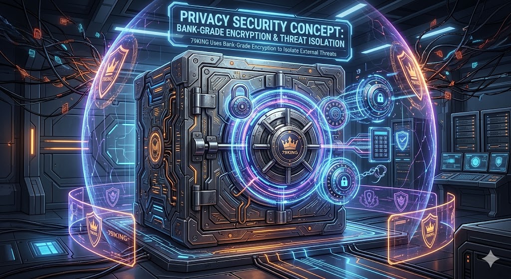 Privacy Security Concept Art: A futuristic metal safe in a locked state, surrounded by holographic combination locks, implying 79KING uses bank-grade encryption to isolate external threats.
