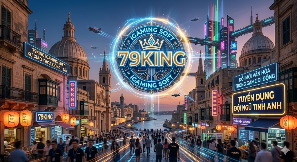 Ý tưởng tầm nhìn thương hiệu 79KING iGaming Soft: Logo 3D lơ lửng kết hợp kiến trúc cổ kính của Valletta với phong cách cyberpunk, tượng trưng cho sự giao thoa văn hóa Đông – Tây và đổi mới trong lĩnh vực game di động.