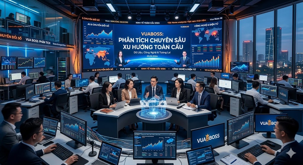 Một phòng tin công nghệ cao (Newsroom), nơi đội ngũ VUABoss đang thực hiện phân tích chuyên sâu các xu hướng toàn cầu.